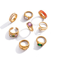 Bague Statement Femme en Gros, Or Doré, Pierre Précieuse Colorée, Style Français Vintage, Bijoux en Acier Inoxydable