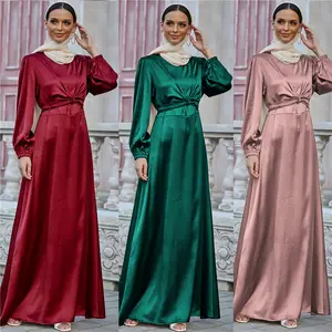 Islamic Satin Dress with belt India pakistan ethnic Abaya Islamic satin Casual Dress for wholesale