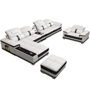 Bán hàng nóng chuyên nghiệp L hình hiện đại cắt màu đen và trắng da chức năng phòng khách ghế sofa Set với loa cho nhà