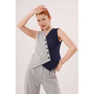 Wholesale <b>Navy</b> Blue Women's Vest Cross Pattern Button Embroidered Outer Style Long Length <b>Waistcoat</b> Woven Fabric Knitted Cotton - Product Image 2