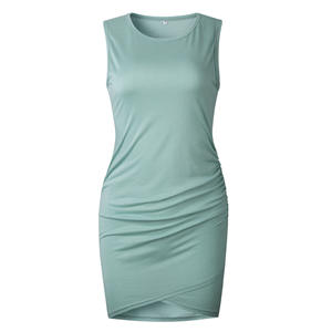 Vestido de playa informal de verano 2024 para mujer, cuello redondo, corto, sin mangas, para fiesta, Club, plisado, ajustado, vestidos camiseros - Product Image 5