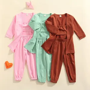 Summer kid girls clothing sets girls wear solid color no sleeves tube vest with long cardigan little girl elastic pants 3PCS