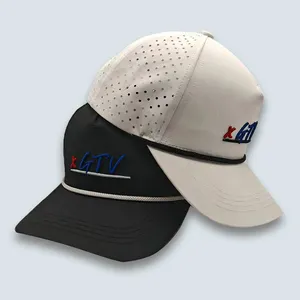 Verano 5 paneles bordado personalizado Logo curvas ala láser perforado sombrero moda gorra de béisbol impermeable con cuerda