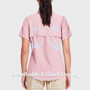 Chemise de pêche pour femme rose clair à manches courtes en ripstop ventilée avec aérations sous les bras en maille, doubles poches poitrine, haut boutonné pour l'extérieur - Product Image 2