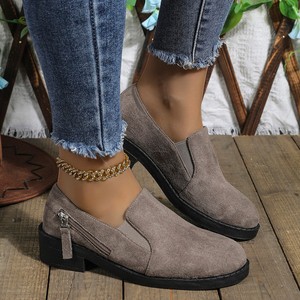 Large Size Thick Heel Low Top Single Shoes With Autumn New Zipper British <b>Style</b> Slip-on Women's - Product Image 1