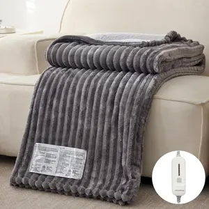 China textile Luxury cheap plaid Strip soft Flannel fleece Sherpa Wool Electric Over Throw Heating pad Heated Blanket for bed