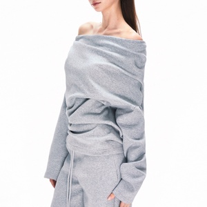 Sudadera informal de un solo hombro para mujer, 100% algodón, cómoda y suave, color gris, camiseta de manga larga para mujer - Product Image 4