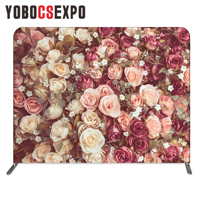 Stand backdrop kain lipat portabel 8ft*8ft, rangka aluminium stainless steel, cetak CMYK, tahan api, ringan