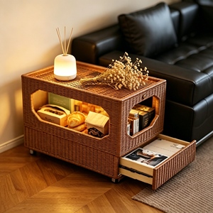 Mesa de Centro Moderna de Ratán con Cajón de Almacenamiento y Estantes Abiertos, Muebles para Sala de Estar, Diseño Tropical - Product Image 5