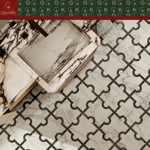 GOLDKING Mosaïque <span class=keywords><strong>de</strong></span> marbre <span class=keywords><strong>blanc</strong></span> <span class=keywords><strong>et</strong></span> <span class=keywords><strong>noir</strong></span> <span class=keywords><strong>de</strong></span> luxe pour sol <span class=keywords><strong>de</strong></span> <span class=keywords><strong>salle</strong></span> <span class=keywords><strong>de</strong></span> <span class=keywords><strong>bain</strong></span>, <span class=keywords><strong>motif</strong></span> grille incurvée découpée au jet d'eau, découpe sur mesure, fourniture pour grands projets - Product Image 6