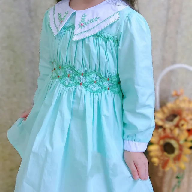 Mint green hand embroidered white collar Smocking dress