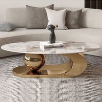 Moderner Design-Gold-Wohnzimmer-Luxus-Marmor-Couchtisch – Großer, Schlichter, Ovaler Steintisch mit Edelstahl-Gestell