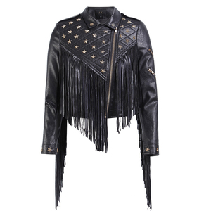 <strong>Star</strong> Studded Black Waterproof Moto Turn-Down Collar Short Rivets Button Ladies Wholesale Punk Zipper Tassel PU <strong>Jacket</strong> - Product Image 1