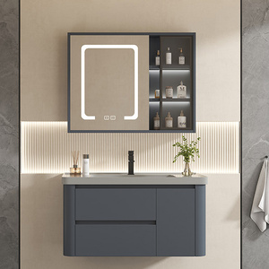 Mueble de Baño Moderno de Madera Sólida para Hotel, Espejo Inteligente con Iluminación LED, Lavabo de Cerámica Resistente al Agua, Gabinete de Almacenamiento Montado en la Pared - Product Image 1