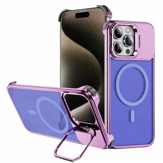 2024 Metal Aluminium Case for iPhone 15 ProMax Magnetic Hidden Bracket Protection Alloy PC Cover for Iphone 12 13 14 Pro
