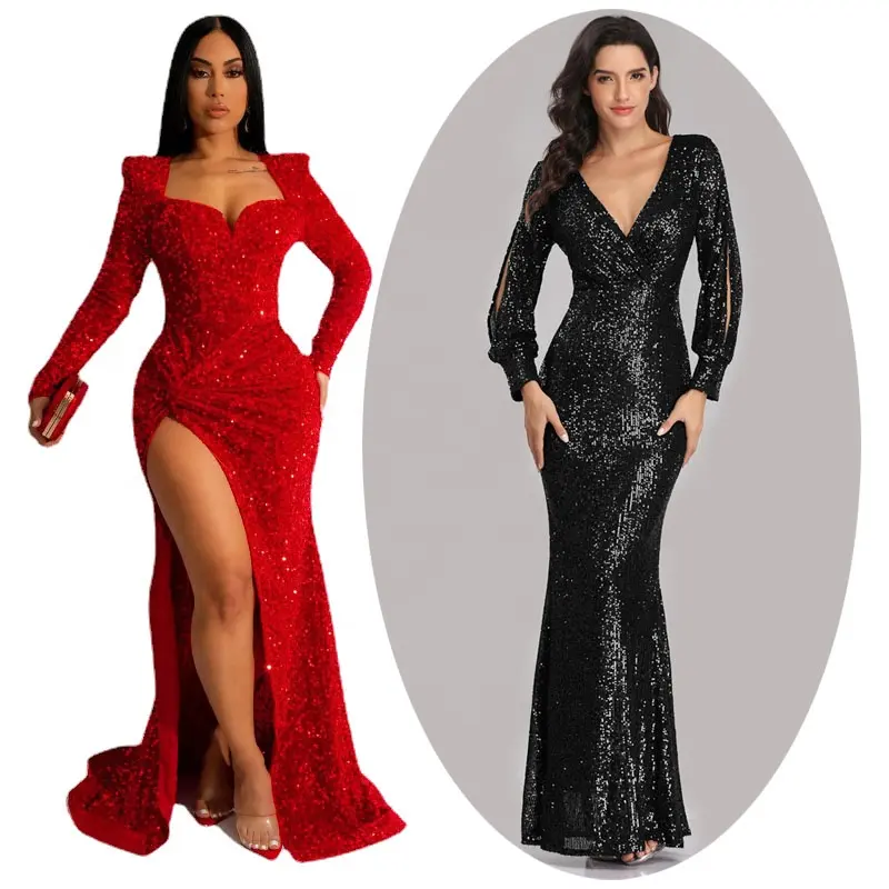 2024 femmes paillettes robes de bal paillettes à manches longues sirène Costume demoiselle d'honneur robe de mariée Maxi robe