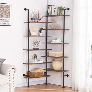 Kệ sách, hình chữ L 10 tầng, giá treo tường công nghiệp, tủ sách hiện đại với khung kim loại và gỗ, Kệ ống góc công nghiệp - Product Image 5