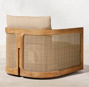 Sedia Lounge di Lusso in Legno di Teak con Schienale in Canna, Sedia Girevole da Esterno in Teak - Product Image 5