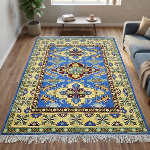 Tapis en laine moderne noué à la main, antidérapant, écologique, à poils moyens, motif tribal traditionnel bleu et jaune pour salon et chambre à coucher - Product Image 1