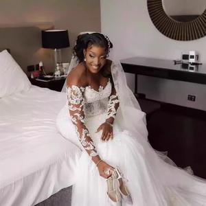 Vestido <span class=keywords><strong>de</strong></span> Novia <span class=keywords><strong>de</strong></span> Talla Grande Estilo Árabe Aso Ebi con Encaje y Cuentas, Estilo Sirena, Cuello Transparente, Brillante, Vintage - Product Image 3