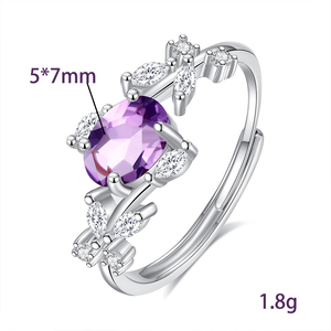 Bague ajustable en argent sterling 925 avec améthyste ovale 5*7mm et feuille d'olivier, pierre naturelle, bijoux pour femme, ne ternit pas - Product Image 6
