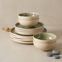 Service de table en grès vert moucheté EKA, 12 pièces, fait main, céramique à glaçure réactive, assiettes et bols, style rustique, écologique