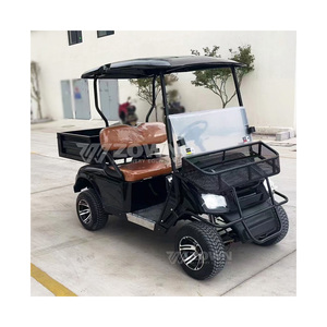 Voiturette de golf électrique noire avec sièges marron et benne de chargement - Product Image 5