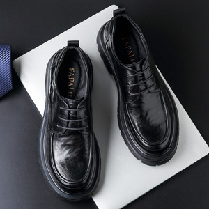 Papa Iec Men's Genuine Leather Oxfords <b>Round</b> <b>Toe</b> Thick Sole Business Casual Dress Shoes Office Career Mid <b>Heel</b> - Product Image 3