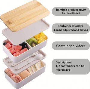 Boîte à bento portable en plastique sans BPA, style japonais, double couche, avec couvercle en bois, personnalisable avec logo, idéale pour la promotion, étanche, pour salades - Product Image 5