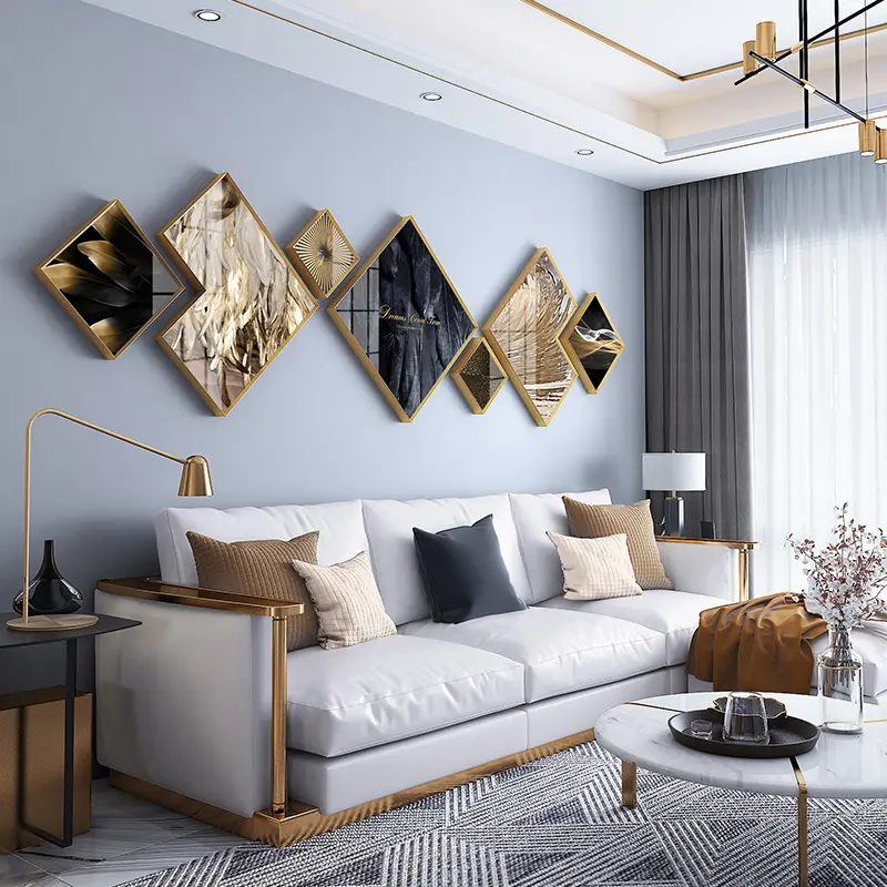 Decoración de sala de estar de lujo nórdico hoja dorada madera cristal porcelana vidrio aluminio lienzo cristal porcelana pintura enmarcada
