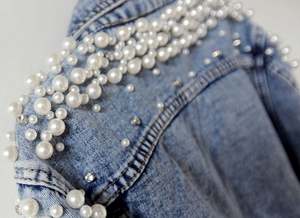 Wholesale Hiking Women's Embroidered Rivet <b>Pearl</b> Short Denim Coat <b>Pearls</b> Beading Jackets <b>Loose</b> Outerwear - Product Image 3