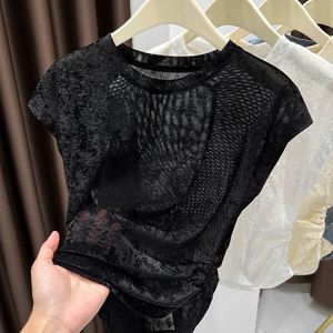 T-<span class=keywords><strong>shirt</strong></span> d'été <span class=keywords><strong>à</strong></span> manches courtes en maille pour <span class=keywords><strong>femme</strong></span> 2026 Nouvelle collection Amincissant Tendance Broderie <span class=keywords><strong>Paillettes</strong></span> Imprimé Scintillant Écologique - Product Image 3