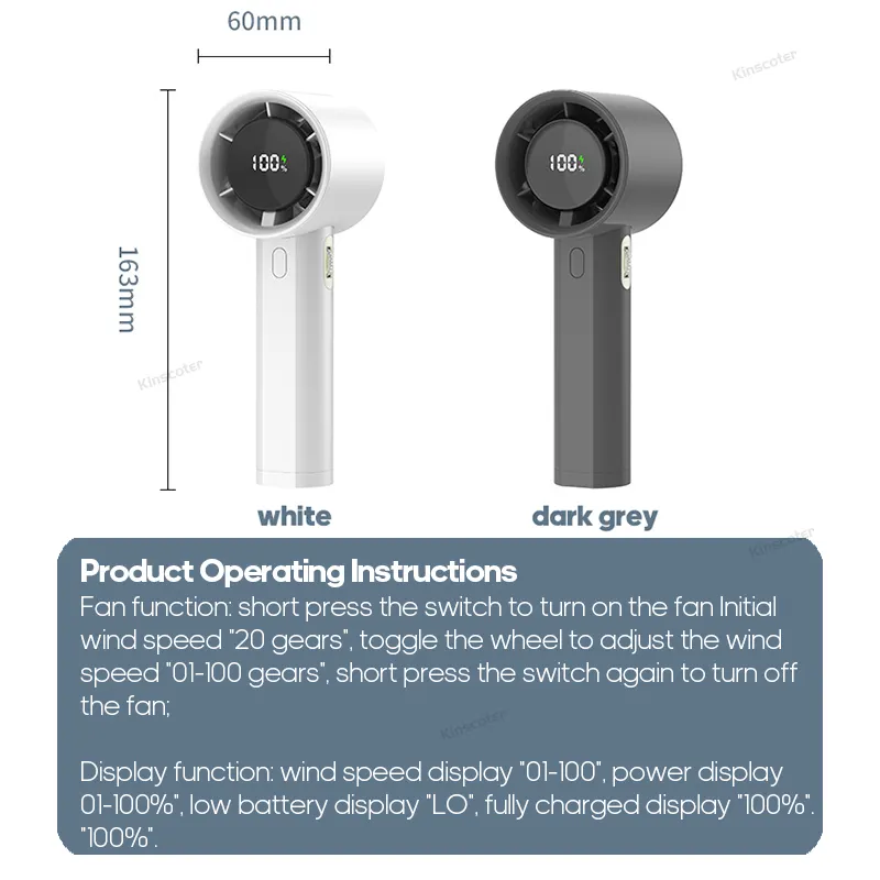 킨스코터 야외 환기구 충전식 휴대용 팬 3000mAh 소형 휴대용 팬 저소음 터보 팬