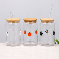 Gros Gobelet Personnalisé en Verre Motif Citrouille et Fantôme Halloween Gaufré 3D, avec Couvercle en Bambou et Paille, pour Bière, Café Glacé, avec Logo en Vrac
