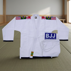 Kimono Blanco de BJJ con Parches de Bandera y Logotipo Azul de BJJ para Adultos, Unisex, Ropa de Artes Marciales de Algodón - Product Image 5