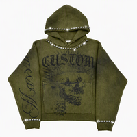 Sweat à capuche zippé pour homme, coupe oversize et ample, style boxy, imprimé DTG, délavé à l'acide, vert délavé soleil, orné de strass, collection automne