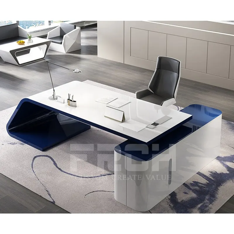 Fonte de fábrica design de luxo moderno alto brilho em forma de l azul gerenciador escritório mesa executivo
