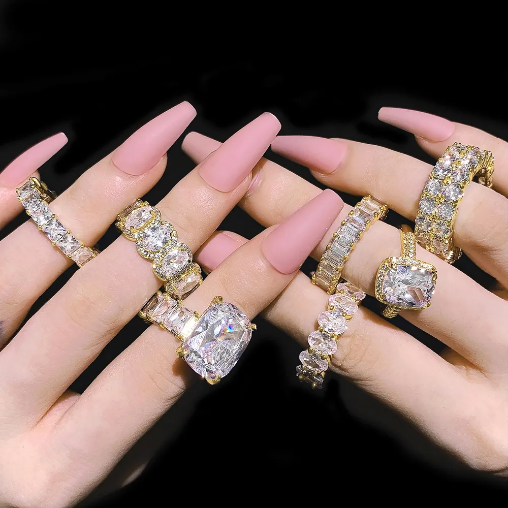 2022 jewelry iced out gold silver pink diamond crystal zircon 5A cubic zirconia rings set
