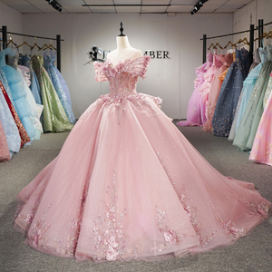 Robe de bal Quinceañera élégante en mousseline rose poudré Dy1515 avec appliques florales 3D, perles scintillantes naturelles et décolleté en cœur - Product Image 2