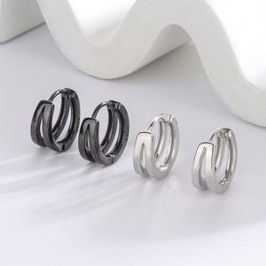 Boucles d'oreilles créoles double couche en argent sterling 925, couleur argent noir, pour femmes et hommes, plaqué rhodium, cadeaux de mariage et quotidiens - Product Image 1