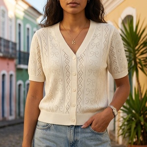 <span class=keywords><strong>Cardigan</strong></span> Chic da Donna a Maniche Corte con Scollo a V, Monopetto, in Maglia Traforata Tinta Unita, Taglia Unica, Nuova Collezione Estiva - Saldi - Product Image 1