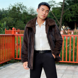 Giacca da <span class=keywords><strong>Uomo</strong></span> Elegante in Vera Pelliccia di <span class=keywords><strong>Visone</strong></span> Stile Cinese <span class=keywords><strong>Cappotto</strong></span> Invernale Color Caffè con Collo Alto e Chiusura a Cerniera - Product Image 2