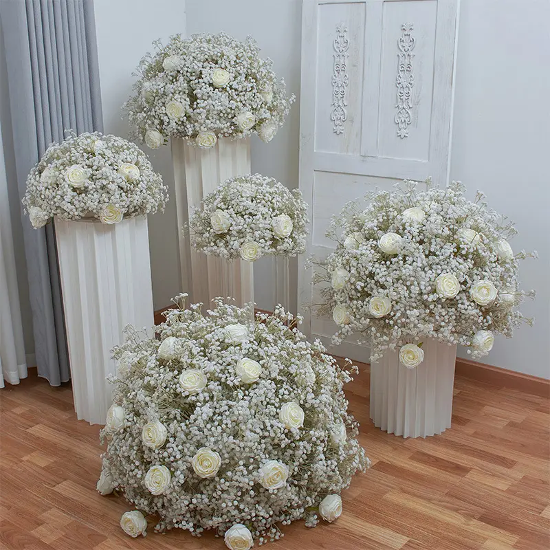 Decoração de casamento com bola de flores brancas, decoração artificial branca para bebês, respiração de Gypsophila, peça central