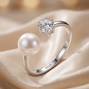 Adjustable Copper Six Claw CZ Freshwater Pearl <b>Open</b> <b>Ring</b> Bypass Dainty Pearl Jewelry for Women Wedding Engagement Gift - Product Image 3