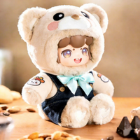 Nouveautés : Peluche Ours Beige AI avec salopette en jean, nœud bleu clair, yeux lumineux, interactive vocale intelligente, cadeau pour filles