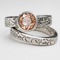Ensemble de bagues de mariage et de fiançailles vintage à motif botanique en argent sterling 925, serti clos avec pierre précieuse rose et motif de vigne gravé à la main, OEM