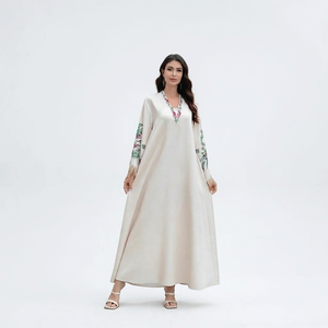 High Quality Women Floral Embroidered Long Sleeve Maxi Abaya V Neck Modest <b>Dress</b> Polyester Loose Fit Daily Wear Spring Seamless - Product Image 4
