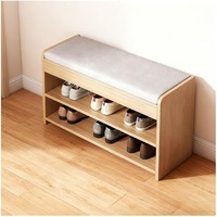 Banc en bois avec coussin et tiroir dissimulé, meuble d'entrée à 2 niveaux avec coussin, étagère à chaussures en bois massif de style mid-century, mobilier moderne pour la maison