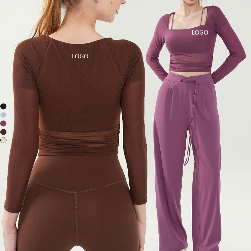 XW-MZ-177 Wholesale Side Waist Pleats Soft Long Sleeves Breathable Fixed Bra Pads Comfortable Yoga Top for Women