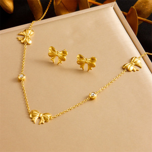 Gold Plated Bowknot Necklace Earring <b>Bracelet</b> <b>Set</b> Women's Everyday Wear Jewelry Stainless Steel Chain With Diamond Inlay - Product Image 2
